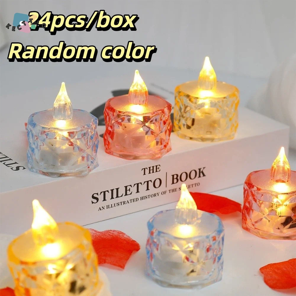 

24 шт./упак. Прозрачные ромбовидные хрустальные светодиодные мини-свечи с мягким теплым светом, компактный дизайн, электронные свечи с теплым светом