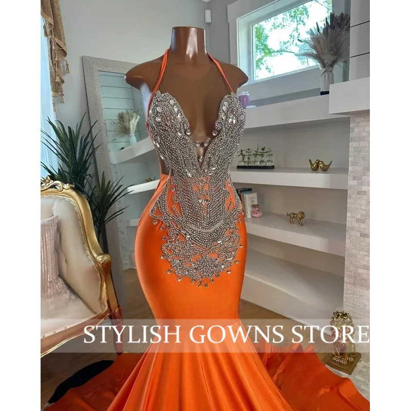 Laranja halter strass veludo sereia longo vestidos de baile vestido elegante para festa de casamento preto meninas noite personalizado