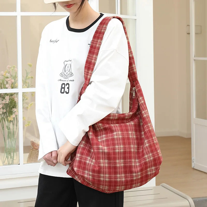 

YIFAN Autumn and winter plaid tote bag with zipper, ins laid-back single-shoulder bag, large-capacity handbag
