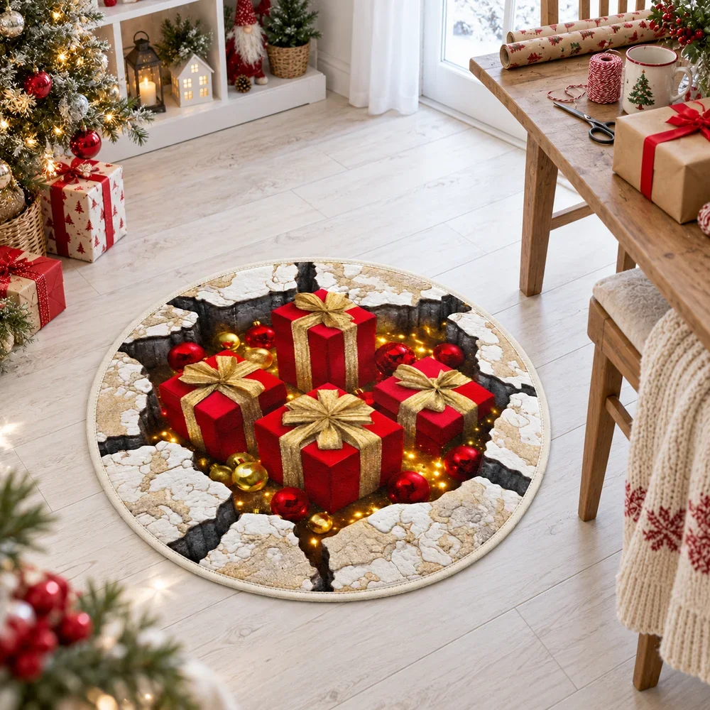 Christmas Gift Boxes Cracked Stone Area Rug, 3D Optical Illusion Floor Mat For Entryway, Living Room, Holiday Decor And Gifts