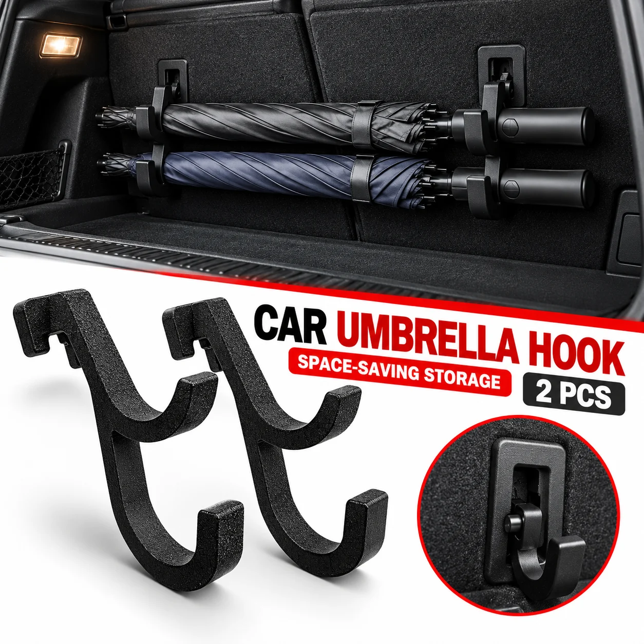 2Pcs Car Trunk Hooks, Universal No-Drill Hanger, Storage Organizer for Umbrella, Towel, Fishing Rod, Camping Gear, Fits Most Car