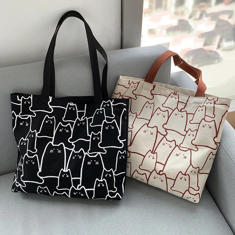 Creative Canvas Bags Handbag For Women Shopper Cute Cat Tote Bag With Zipper Designer Bag Japanese Style Cartoon Small Shoulder