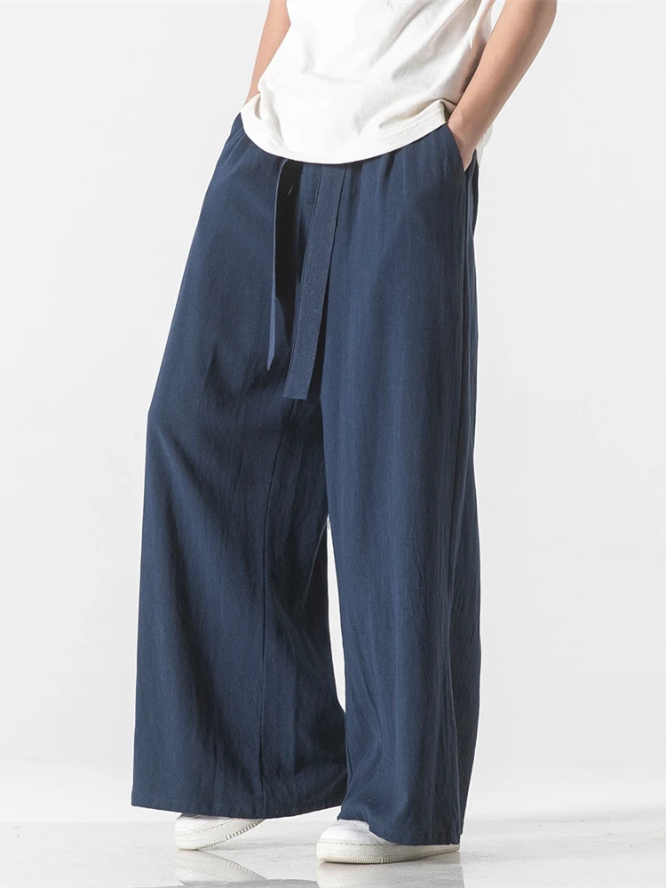 

Мужские повседневные брюки свободного кроя из хлопка и льна, в стиле ретро, модные, больших размеров, цветные, длинные, дышащие, для летнего отдыха