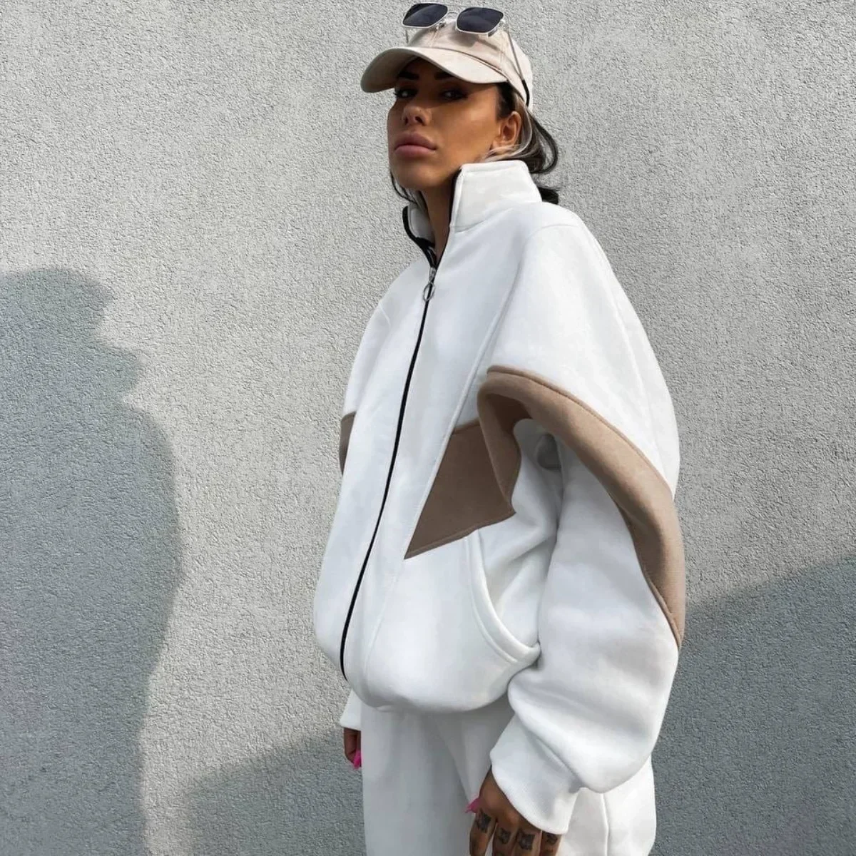 Autumn Winter Pant Sets Women Stand Collar Coats Zipper Matching Sets Two Piece Sets Straight Long Pants Set Print Tracksuit