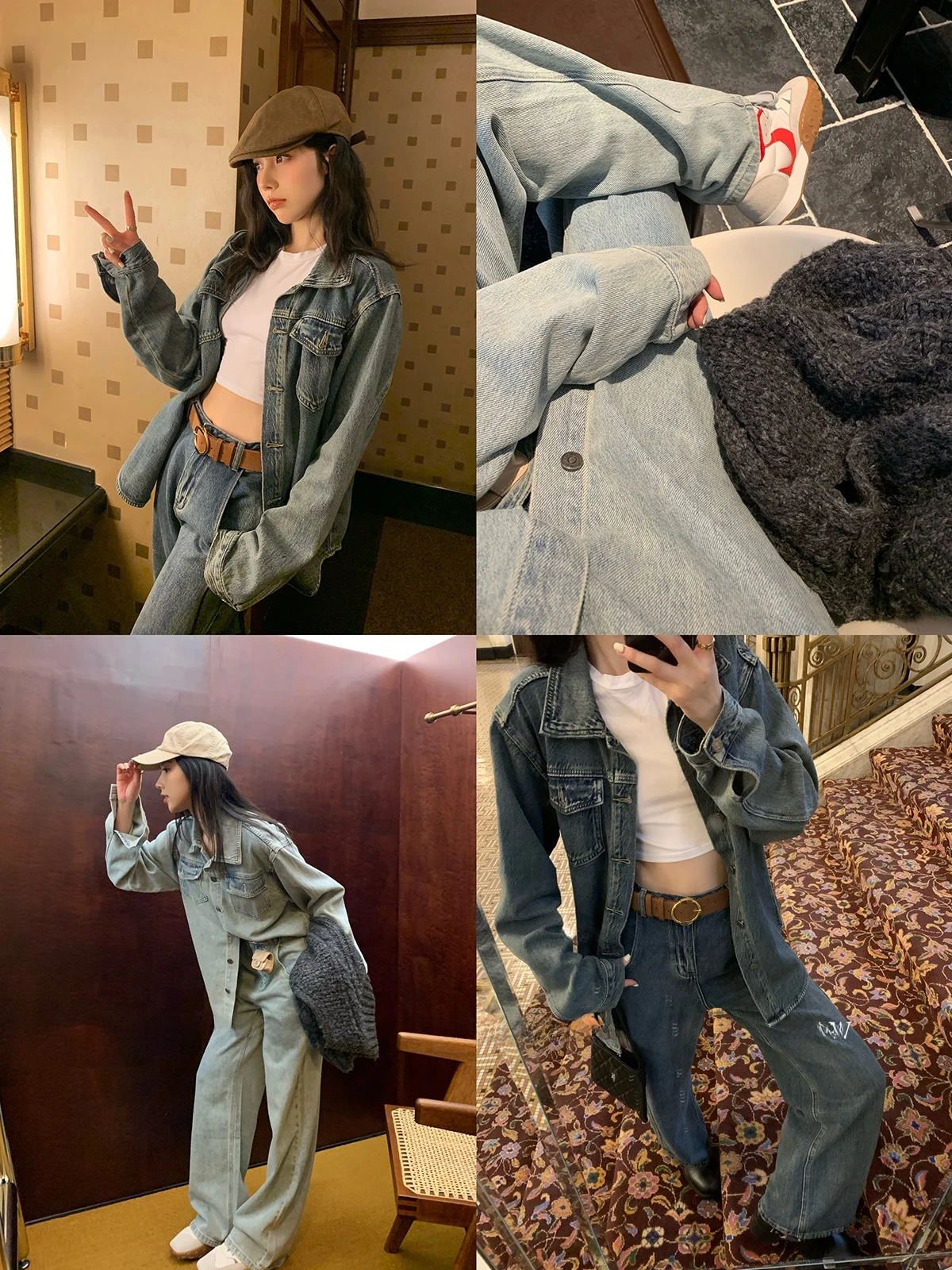 

NICEJJ Women's Denim irt And Casual Pants Two-Piece Set Early Spring 2024 American Retro Sle Long Sve Outfit