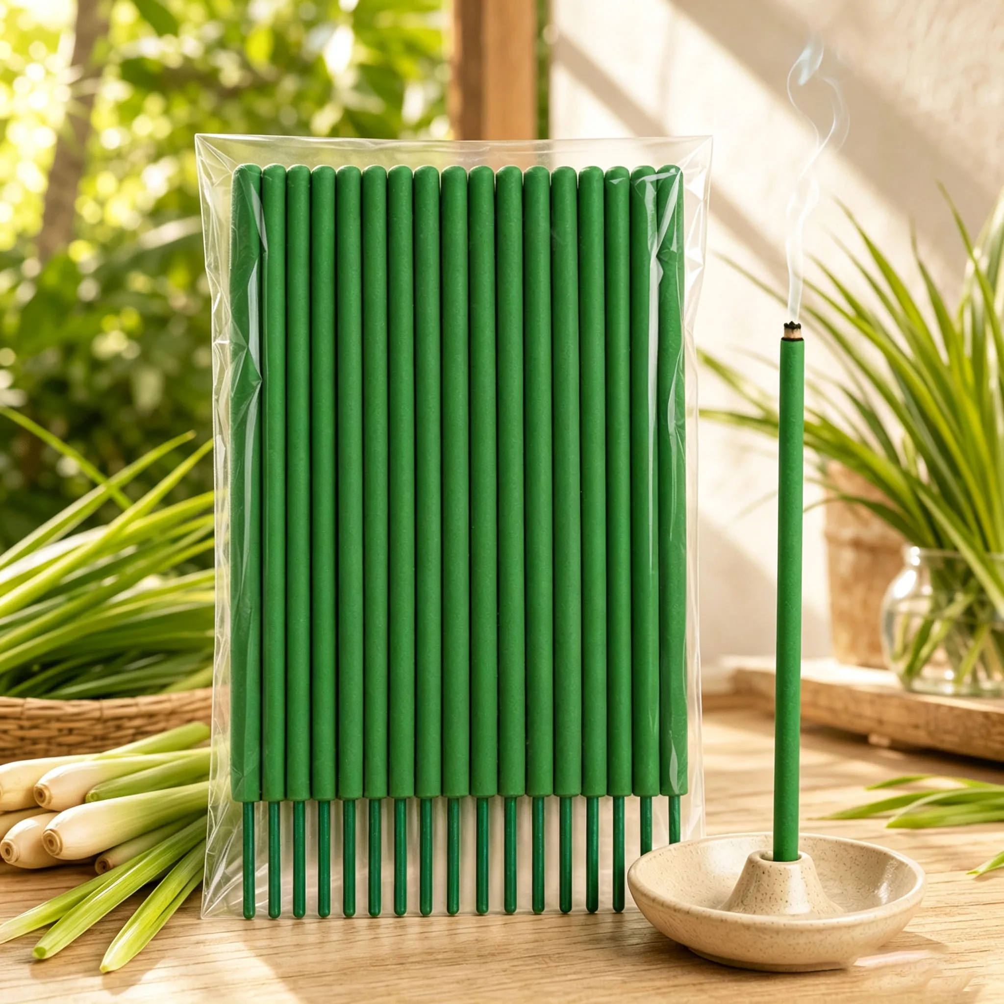 11/22/33 Large Size Lemongrass Incense Sticks, Thickened 7.5mm Outdoor Incense Sticks, Lemongrass Citrus Fresh Scent, Slow-Burning Long-Lasting Incense Sticks, Single Stick Burns for 1-2.5 Hours, Purely Handmade, Green Thick Stick Design