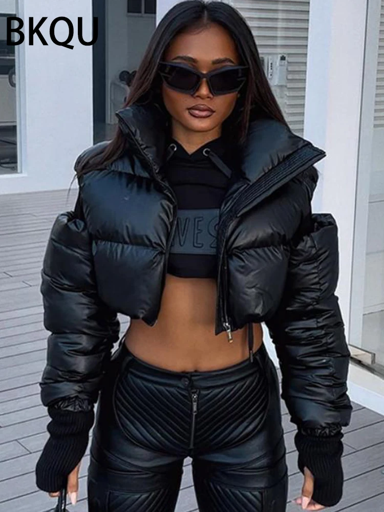 BKQU Fashion Hollow Out Zipper Crop Jacket Women 2024 Streetwear Warm Long Sleeve Turtleneck Puffer Autumn Winter Padded Jacket