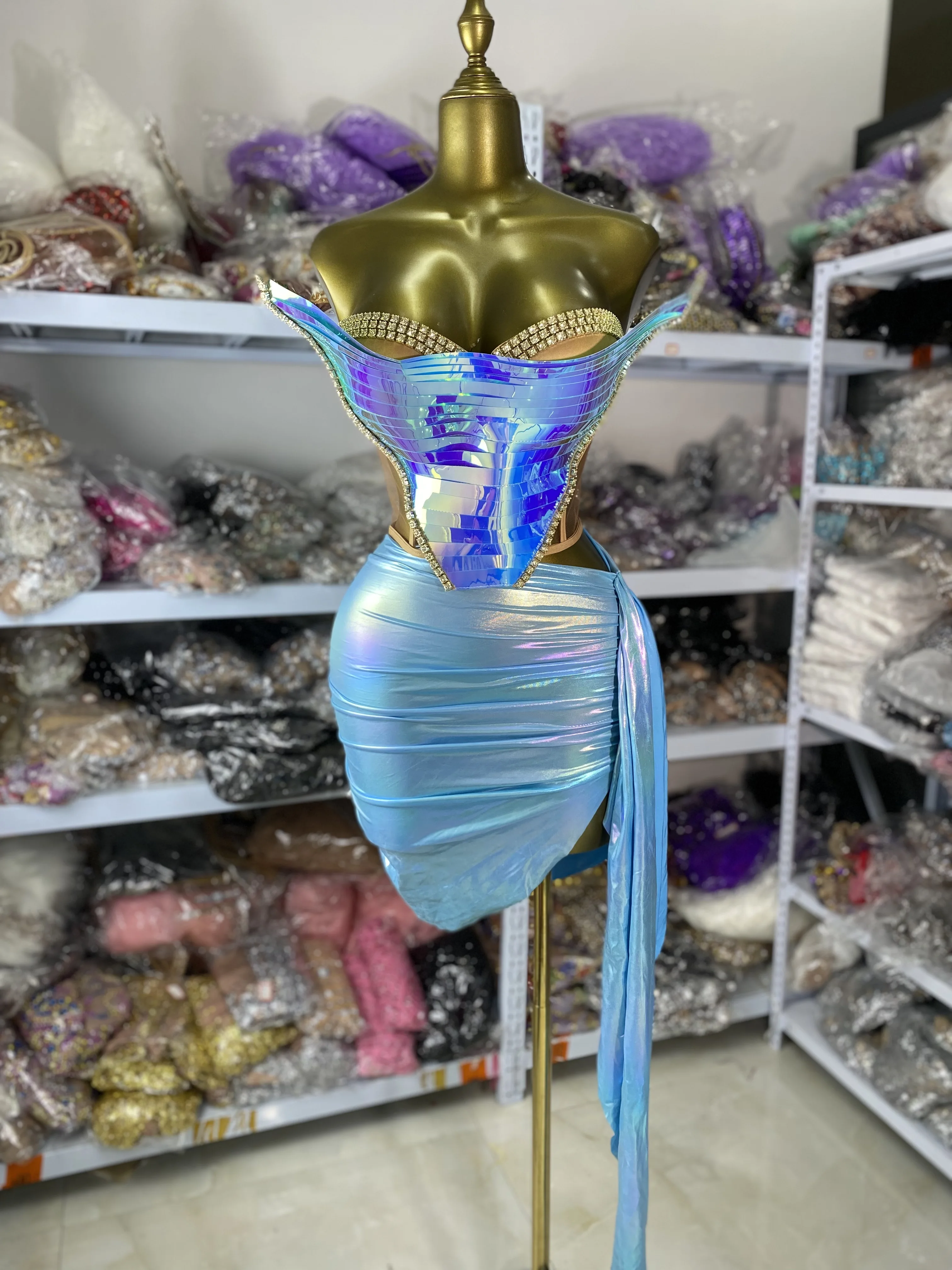 

Women Y2K Party Outfits Sky Blue Laser 3D Diamonds Corset Top And Mini Skirt Bodycon Two Pieces Sets Music Festival Evening Club