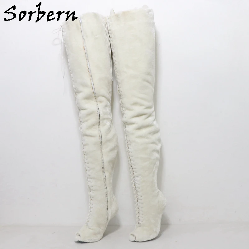 

Sorbern White Plush Heelless Unisex Boots Women 97cm Super Long Boot No Heel Open Toe Crotch Thigh High Lace Up