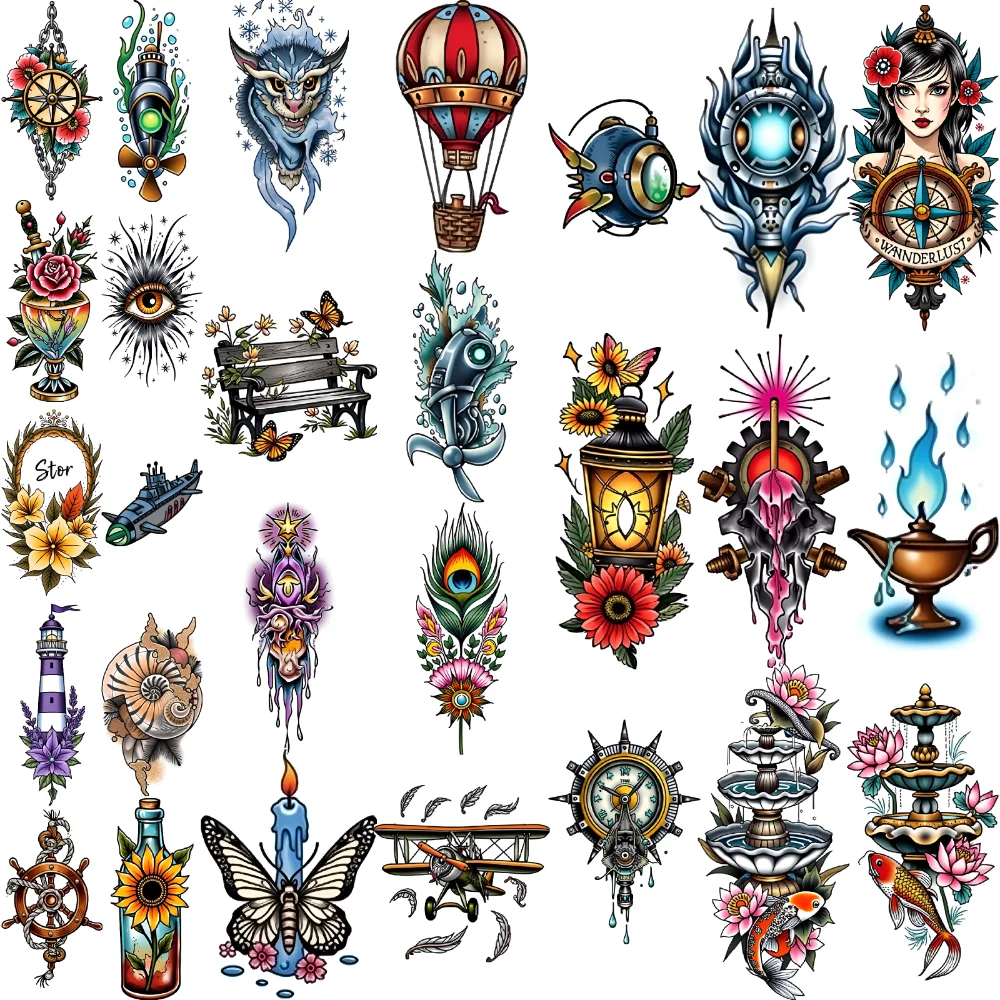 

28pcs Temporary Tattoo Eye With Rays Waterproof Long-lasting Body Stickers Alchemy Flask Compass Flowers For Arms Men Adults