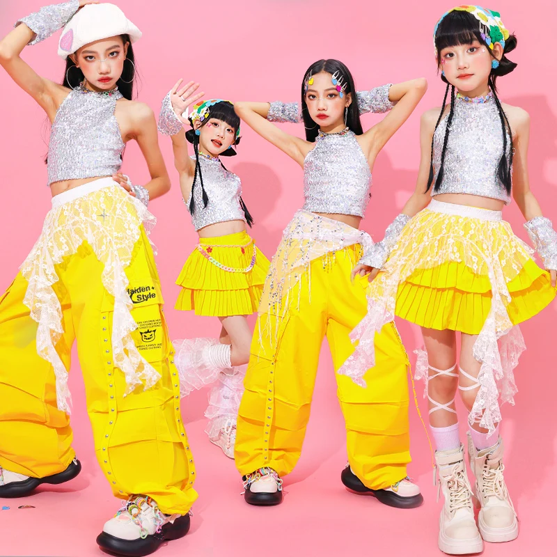 Mädchen K-pop Pailletten Crop Top Cargo Hosen Kinder Hip Hop Street Dance Kostüme Kinder Streetwear Mädchen Jazz Teen Kleidung sets