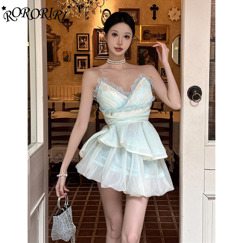 

RORORIRI Топ с блестками и рюшами, женский комплект, кружевной корсет с v-образным вырезом, топ с эластичной резинкой на талии, мини-пухлая юбка, праздничная одежда принцессы