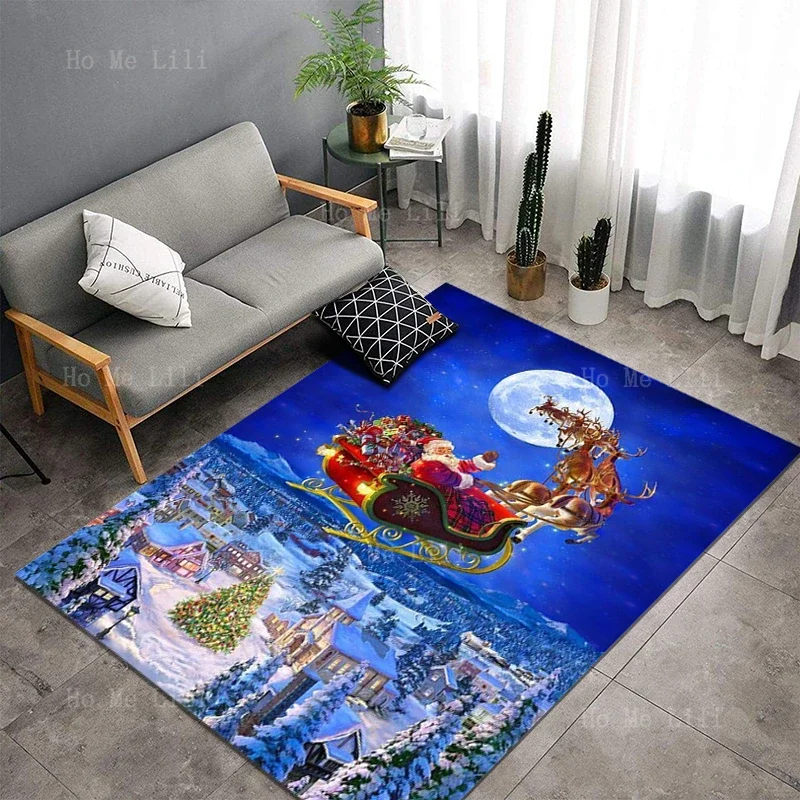 Santa Claus Arrives In A Reindeer Cart On Christmas Night Carpet Living Room Decoration Washable Carpet Family Non-Slip Rug