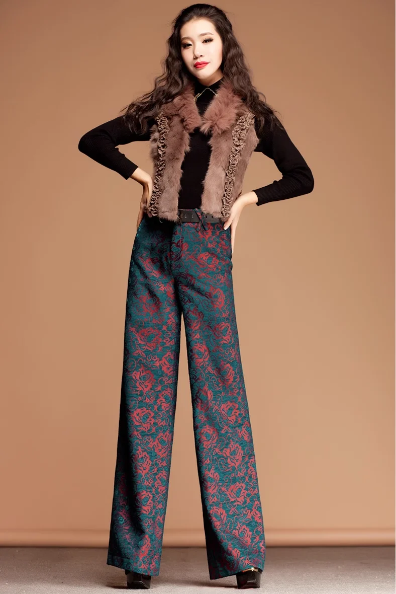 Female Elegant Fashion Red Jacquard Wide Leg Pants for Women Autumn and Winter 2025  plus size Straight Leg Floral Pants Womens
