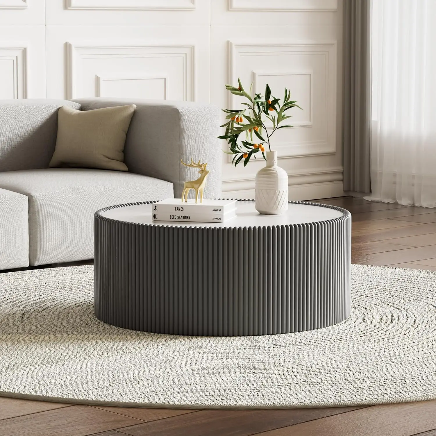 

29.52" Grey Round Coffee Table, Drum Coffee Table with Sintered Stone Tabletop and Fluted PU Leather Covered and, Customized