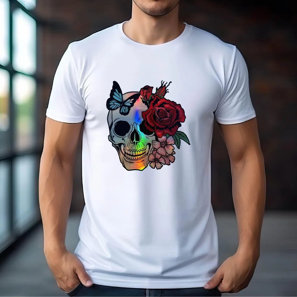

FPACE Flower Skull Coming Men T-Shirt Vintage Rose Skull Printed T shirt Sport Men's Clothing Women Oversized t-shirt