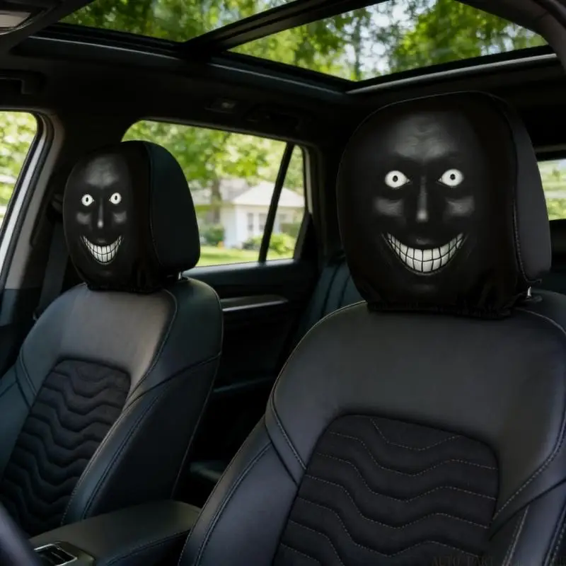 J0MA Funny Car Headrest Covers with Big Eye & Grinning Face Soft Breathable Polyester Covers Universal For Most Vehicles