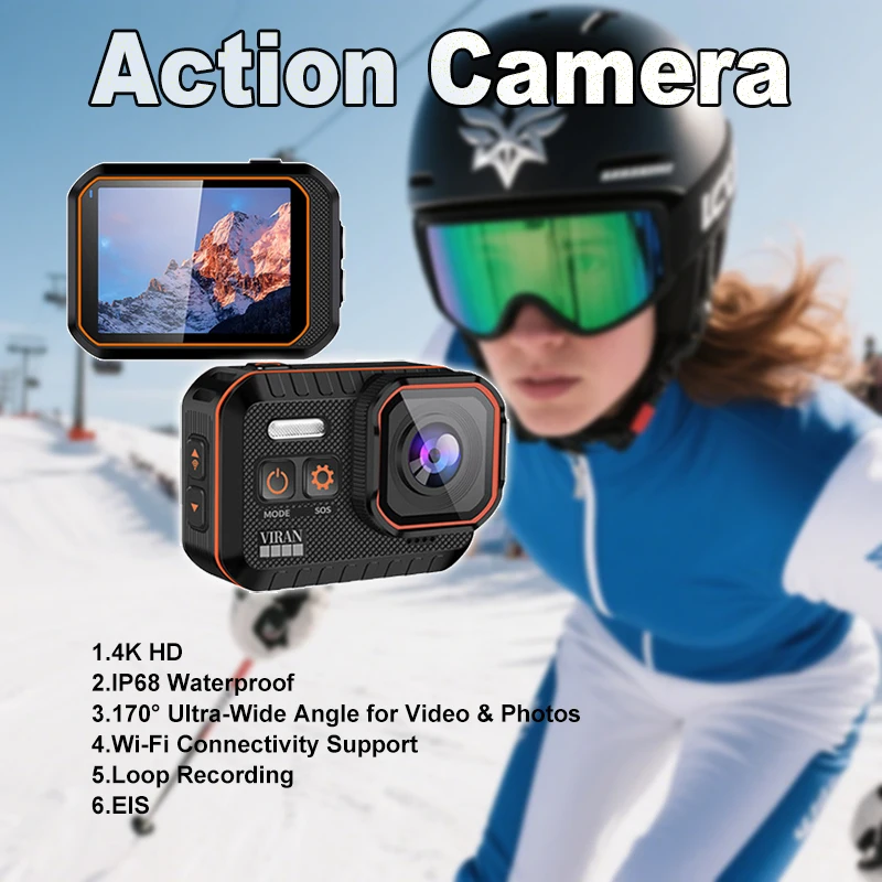 Portable Action Camera 4K 170 Wide Angle IP68 Waterproof WiFi EIS Long Lasting Battery 64G Card for Bicycle Helmet Motorcycles​