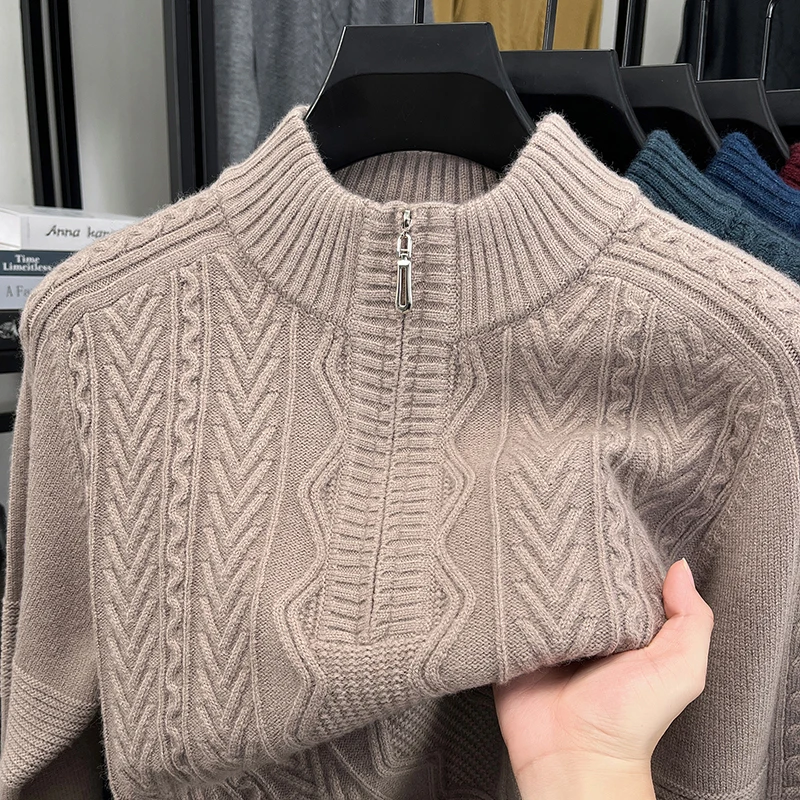 

Мужской утолщенный вязаный свитер из козьей шерсти с высокой молнией и высоким воротником для среднего и пожилого возраста, шерстяной базовый слой