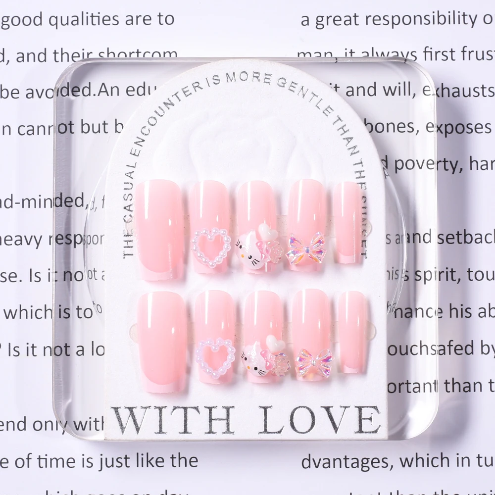 24 قطعة الوردي الفرنسية لطيف الكرتون Hellokitty اضغط على الأظافر متوسطة مربع الأبيض الحب كاميليا مسمار التصحيح هلام مسحوق القوس أظافر وهمية