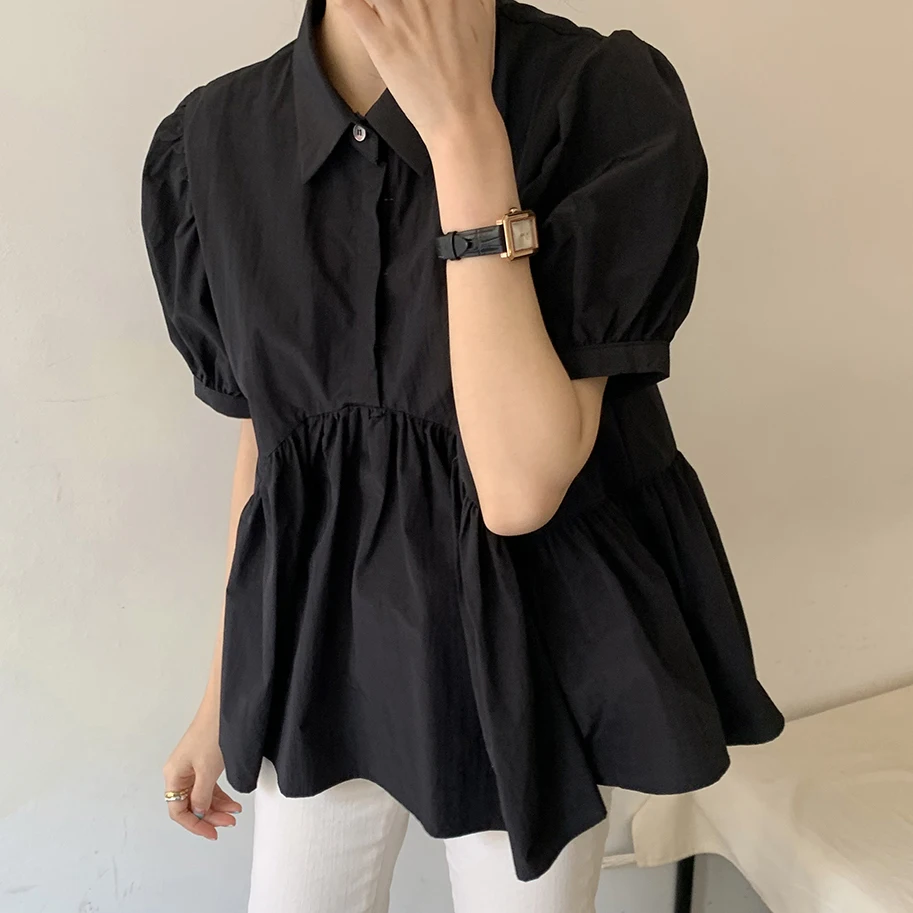 Chic Summer Vintage Turn-down Collar Ba Pleat Design Loose Irregular Bubble Sve irt Women's  Ne ort Sve Top