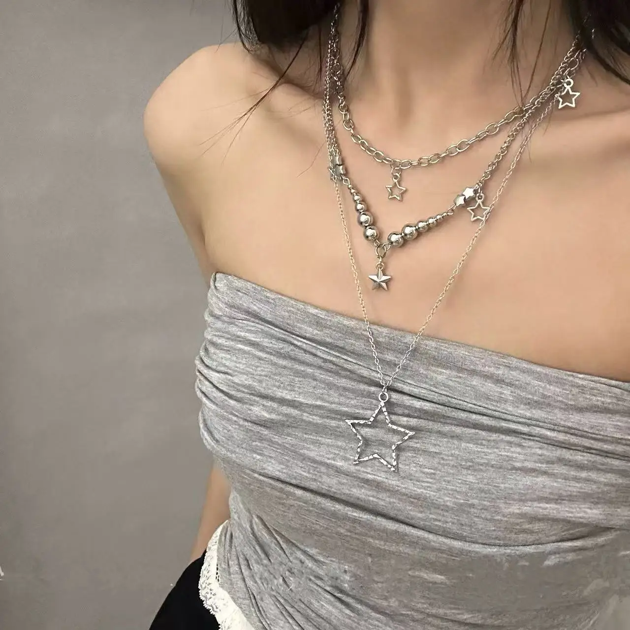 Trendige Y2K Stern-Anhänger Halsketten-Set Vintage Goth Einfache Mehrschichtige Metallketten-Halsketten Damen Charm Statement Schmuck Geschenke – Detail 6
