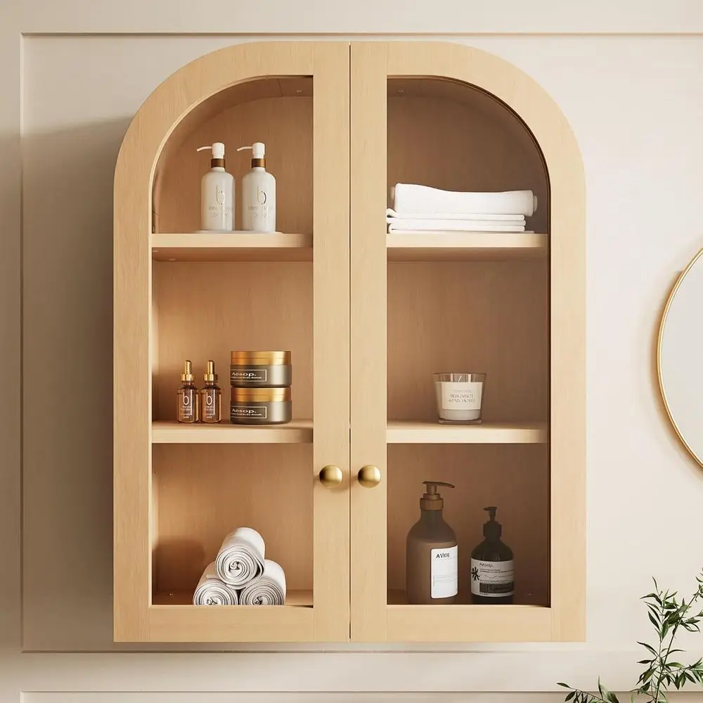 

Over-the-Toilet Wooden Storage Cabinet with Glass Door and Adjustable Shelves, 23.6x31.5 Natural Wood Finish