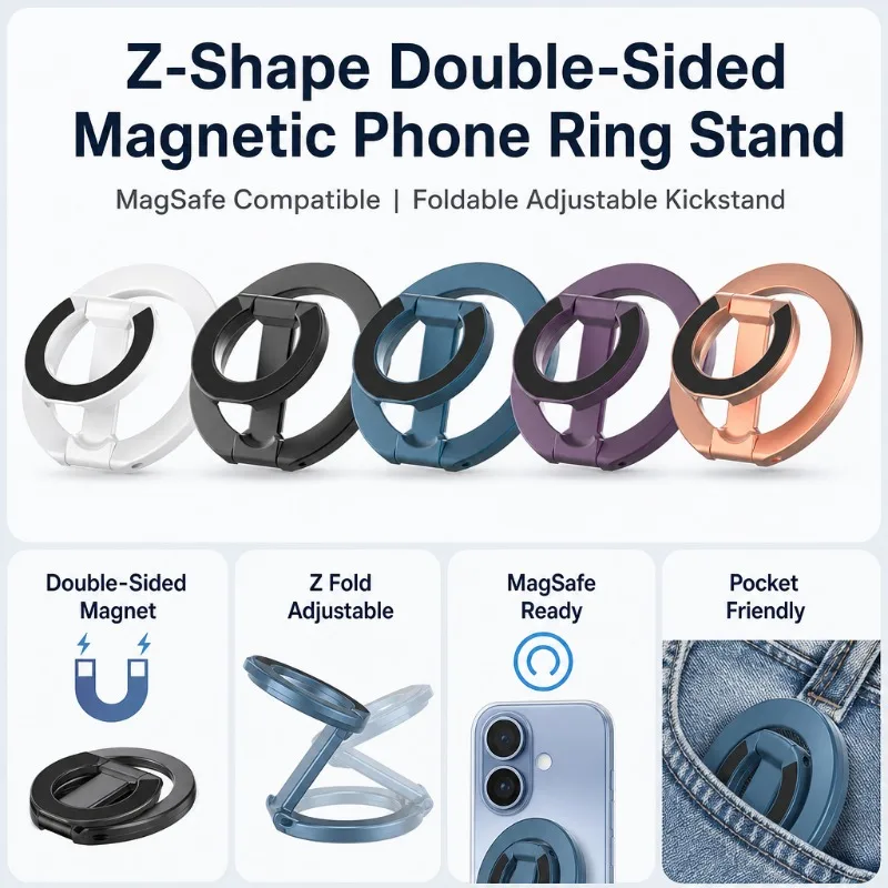 Z Shape Double Sided Magnetic Phone Ring Holder MagSafe Portable Stand for IPhone 17 16 15 Pro Max Samsung Galaxy Xiaomi