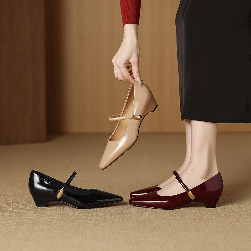 

French-style chunky heel Mary Jane shoes 2026 spring genuine leather square toe comfortable mid-heel buckle single shoes for wom