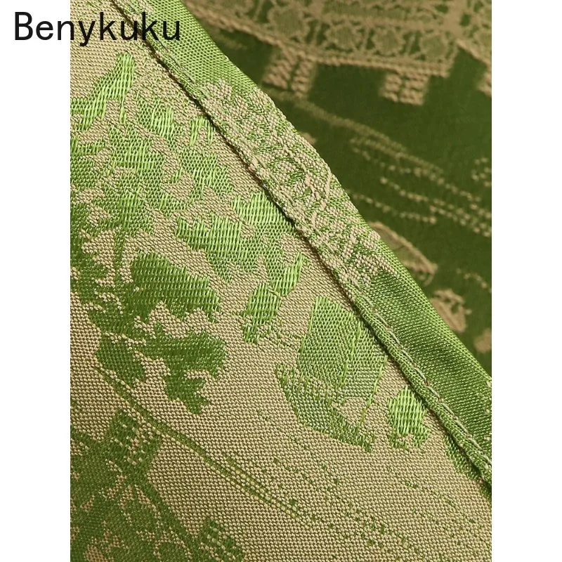 Green Jacquard Spaghetti Strap Vintage Party Dresses Summer Clothes Women 2024 High Waist Ruched Front Fit and Flare Swing Dress