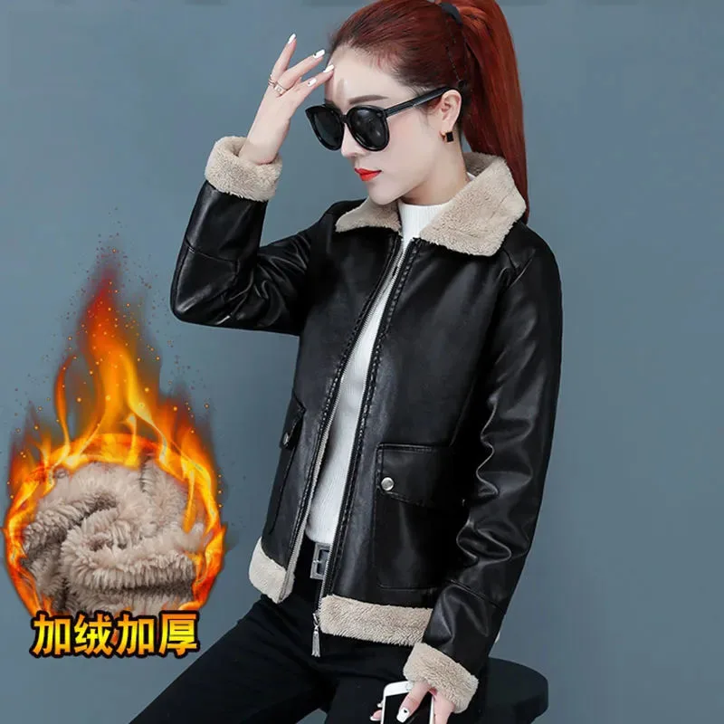 2022 neue Frauen Pu Leder Wolle Mantel Winter Casual Schwarz Moto Biker Jacke Warme Pelz Leder Drehen-Unten Kragen zipper Streetwear