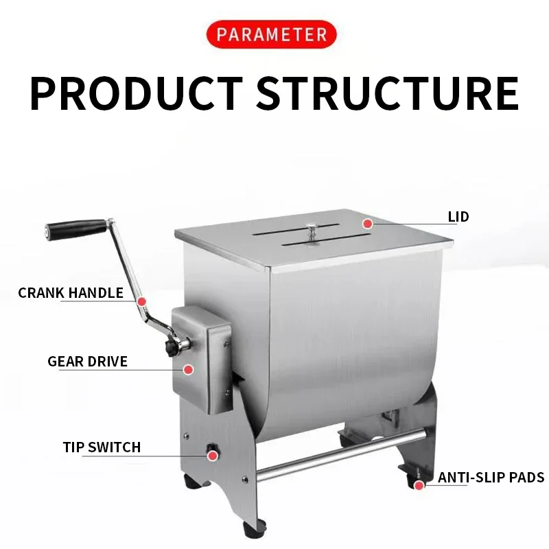 Mezcladores de carne manuales con tanque inclinable de 10KG de capacidad, mezclador de masa de giro lateral, mezclador de masa Manual, mezclador de alimentos de acero inoxidable