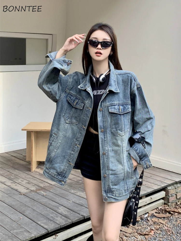 

Джинсовые куртки женские винтажные BF осеннее пальто High Street знаменитая леди корейская мода модная уличная одежда Y2k верхняя одежда эстетические Ins