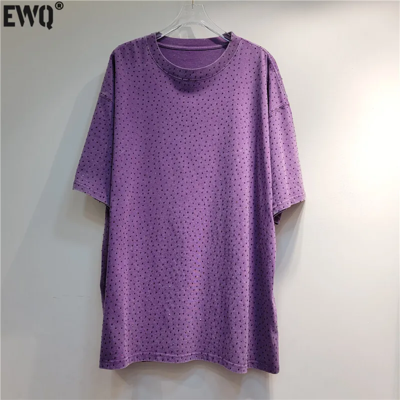 [EWQ] American Style Pullover O-neck Short Sleeve Diamond Solid Multi Color Purple T Shirt Tops 2025 Spring Tide Cotton T-shirt