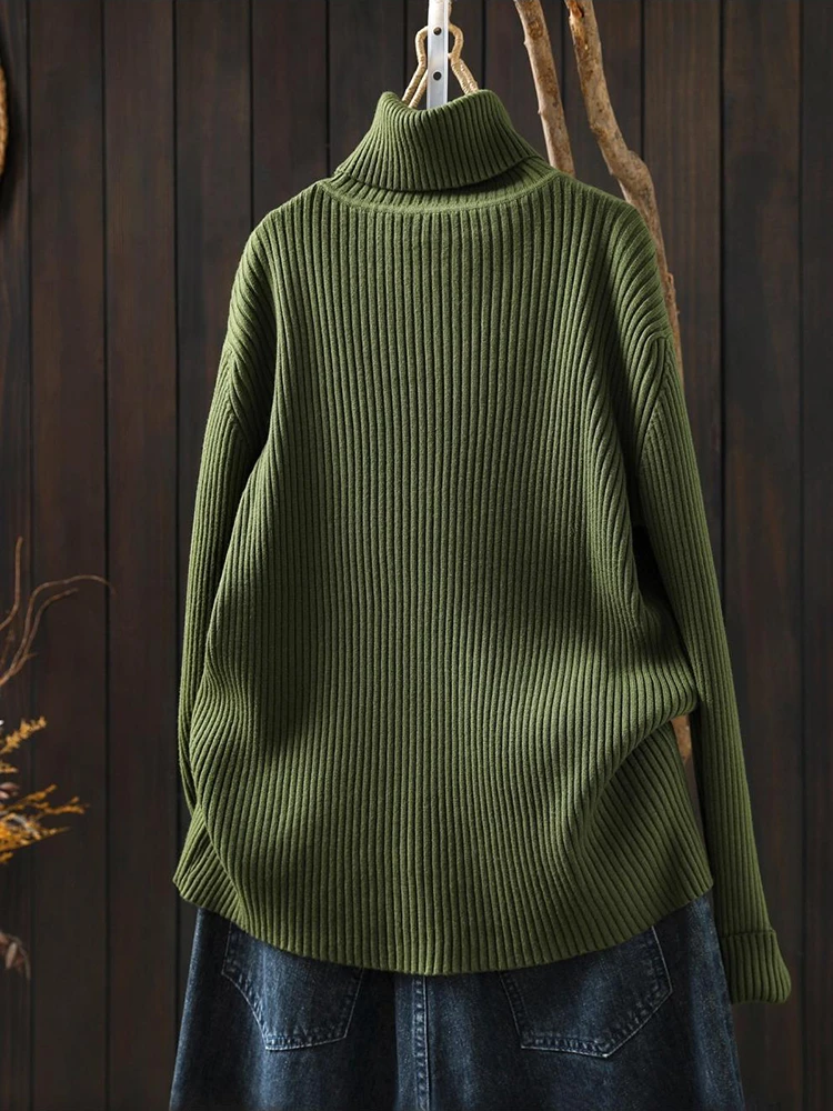 Women Casual Sweaters New 2025 Winter Simple Style Vintage Turtleneck Solid Color Female Long Sleeve Knitted Pullovers M2088
