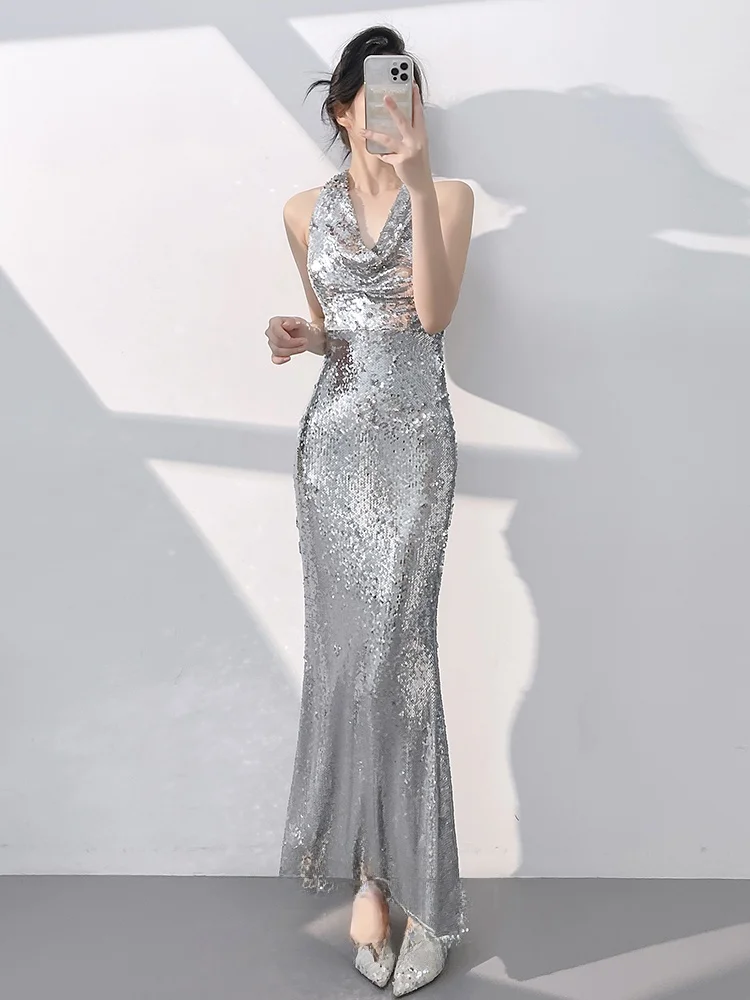 

Silver ey Evening Gown Women's New 2026 High-End Feeling Ball Host Year Conference Fi Tail Sequin Skirt Long Dr