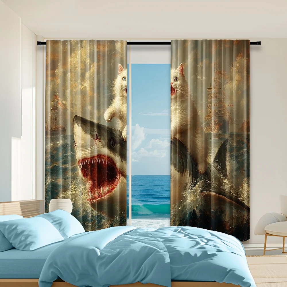 2 pcs, versatile polyester transparent curtains for home decoration Whimsical Cat Riding Shark for use in bedrooms and living