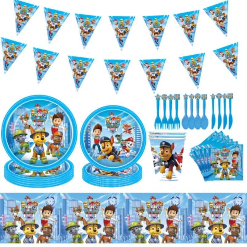 

Dog themed party decoration, children's bark team, paper cups paper plates tissues tablecloths knives forks spoons tableware set