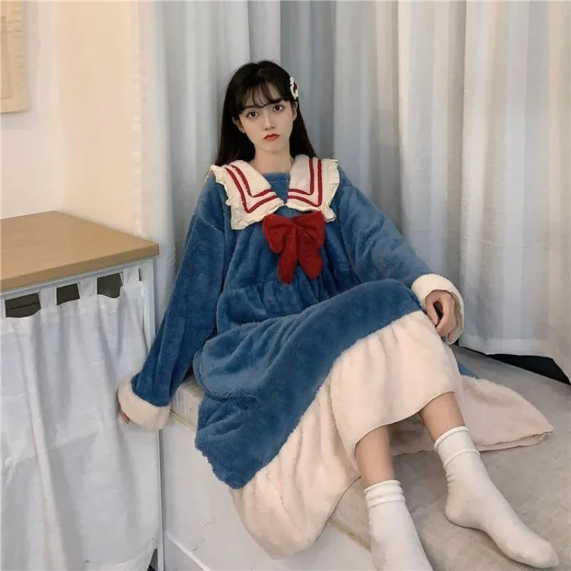 Sailor Collar Nightgown Sleepwear Womens Fleece Night Dress Winter One Piece Pajamas Korean Style Bow Knee Length Home Wear 2023