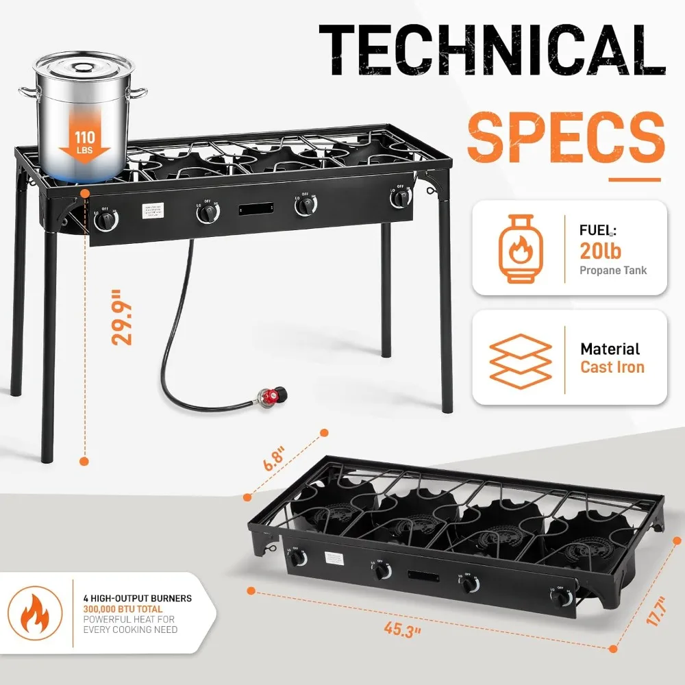 4 Burner Propane Gas Stove for Outdoor Cooking, 300,000 BTU, Portable Camping Grill