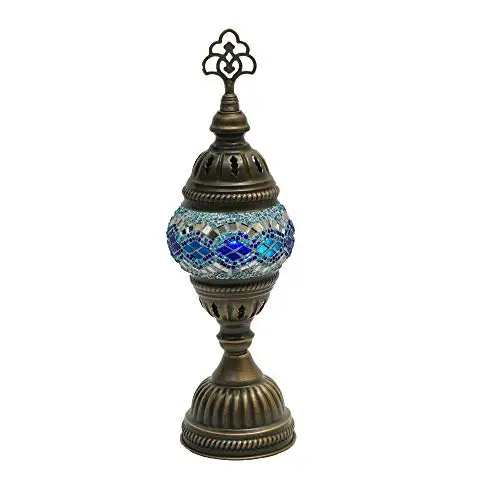 LaModaHome English Moroccan Handmade Mosaic Glass Table Lamp Light with Decorative Dark Copper Fixture for Bedroom, Livingroom a