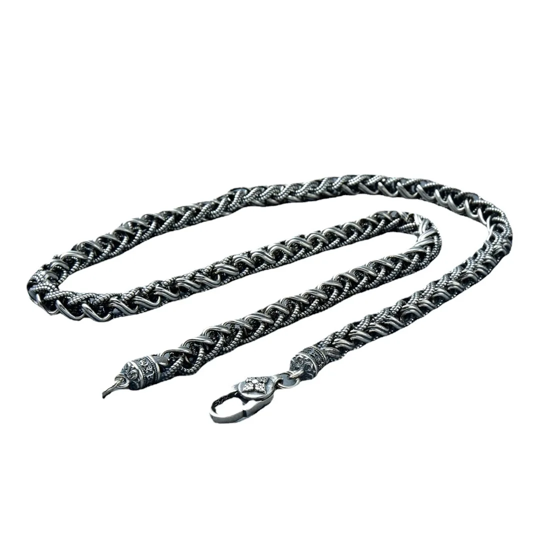 925 silver necklace hand-woven hemp rope necklace men sterling silver thai silver retrofashion punk rock thai chain