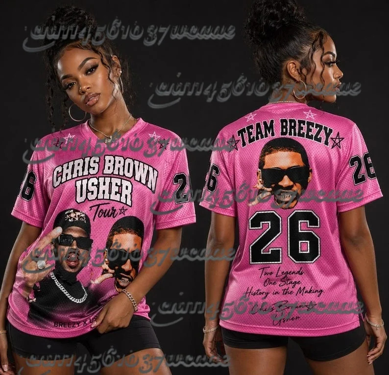 Camiseta Unisex Extra Grande de Verano con Temática KPOP New Tour Same Style Pink Chris Brown Usher 2026, Regalo para Fans, Combinación Familiar