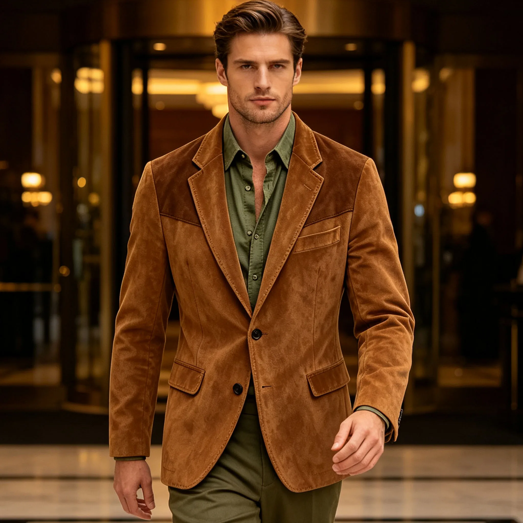 Men's Suede Blazer Vintage Two tone Notched Lapel 2 Button Slim Fit Suit Jacket Casual Fashion Sport Coat Business Streetwear