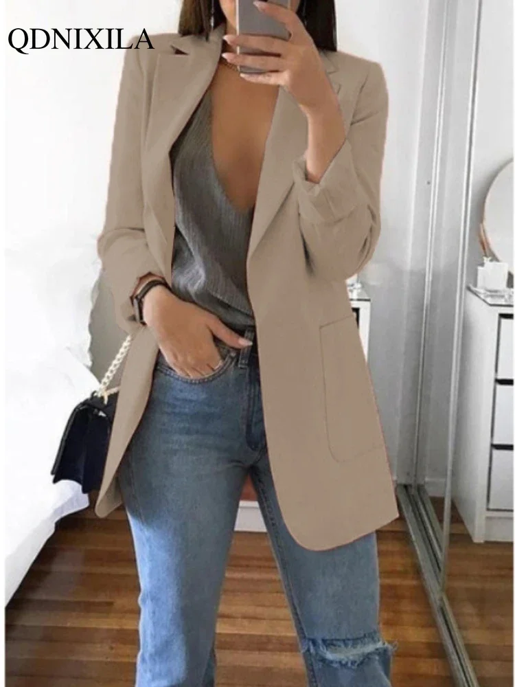 2024 Spring New Women\'s Jacket Pink White Long Blazer Oversize Elegant Fashion Casual Office Wear Female Slim Cardigan Suit Coat