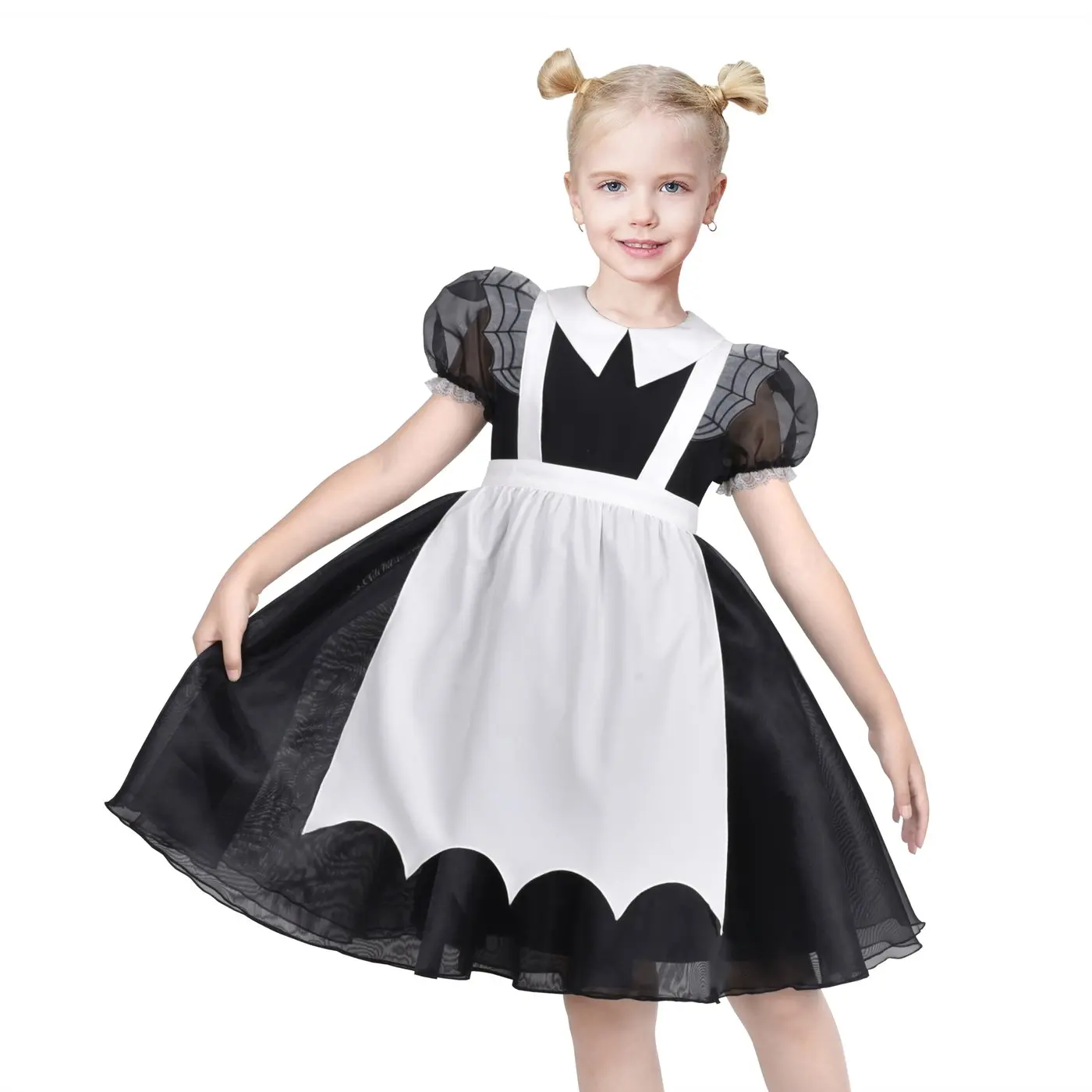 Girls Dress Black White Spider Web Halloween Party Puff Mesh Sleeves