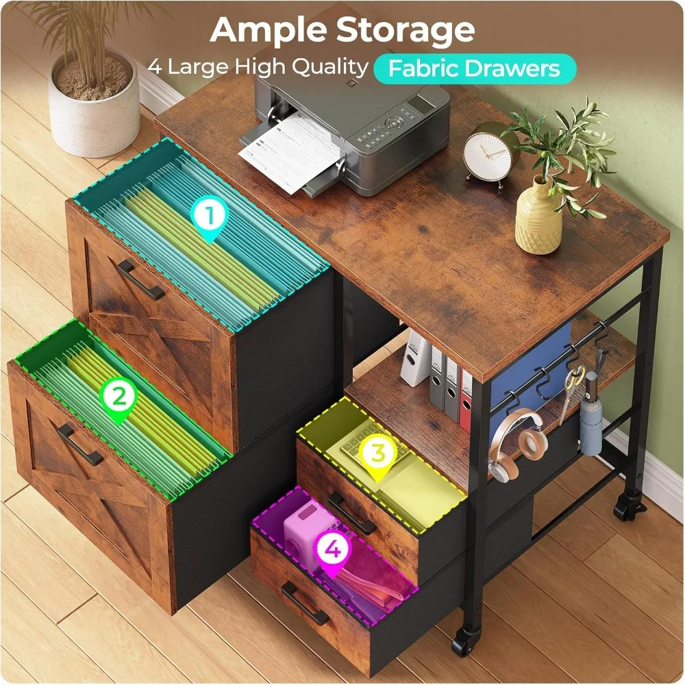 4 Drawers Filing Cabinet, File Cabinet for Home Office fits Letter/Legal/A4 Size Hanging Files, Printer Stand with Storag