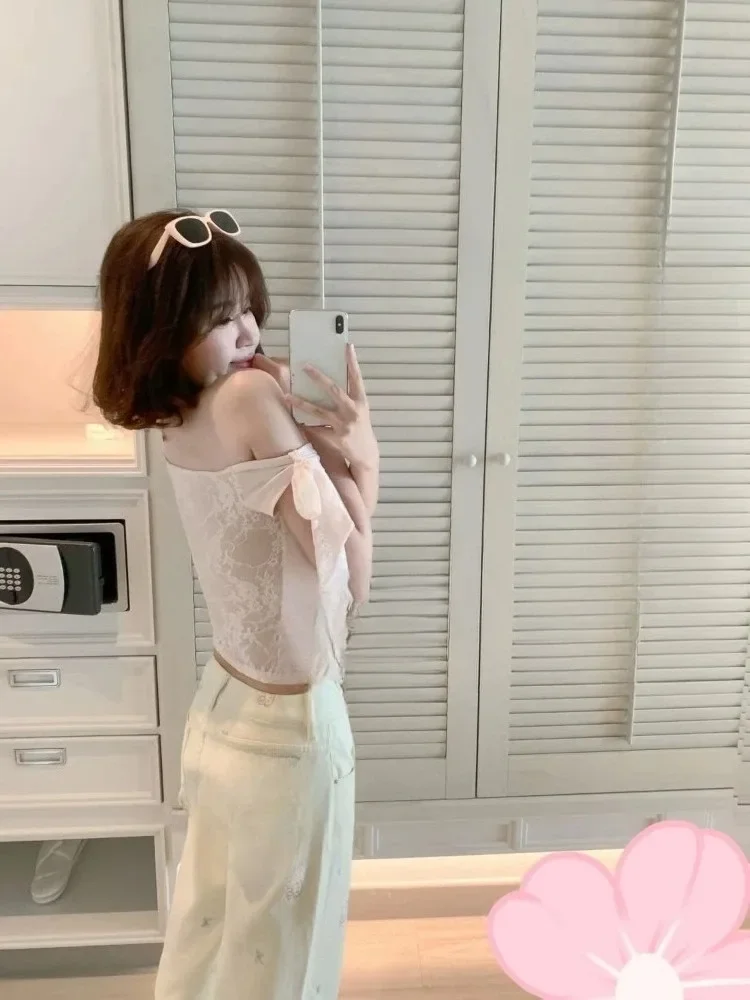 クロップトップス スイートTシャツ レディース服 バンテージ ボウ チュニックTシャツ 韓国風 セクシー キャミソール 2025 ロパ ムヘール パッチワーク レース サマーTシャツ 1