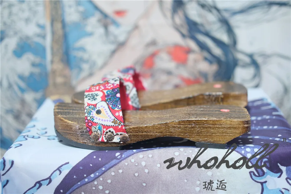Japanische Holzclogs Damen Flip Flops Cosplay Hausschuhe Flacher Boden Sommer Kimono Sandalen Print Slipper – Detail 9