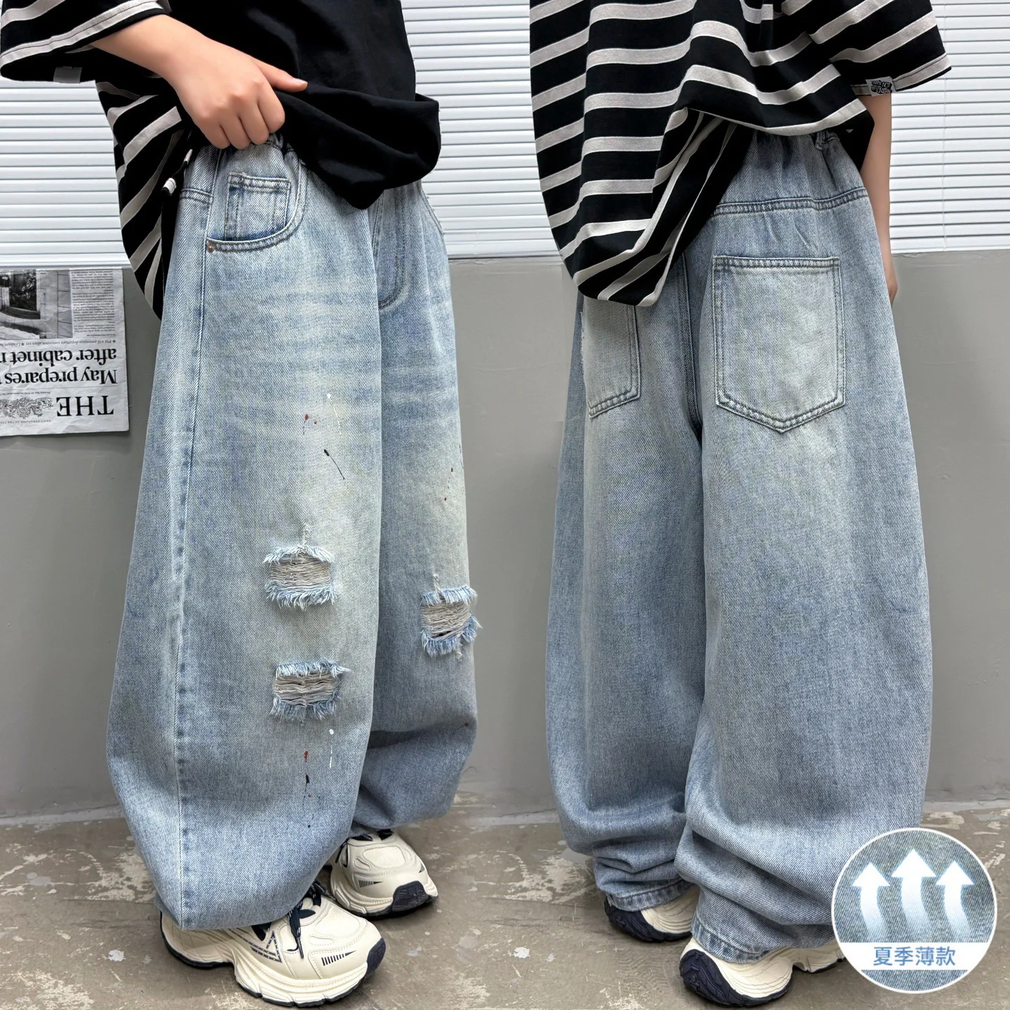 Boys Summer Thin Straight Jeans with Hole Children's Loose Wide Leg Ripped Denim Pants Casual Street Style Trousers for Kids